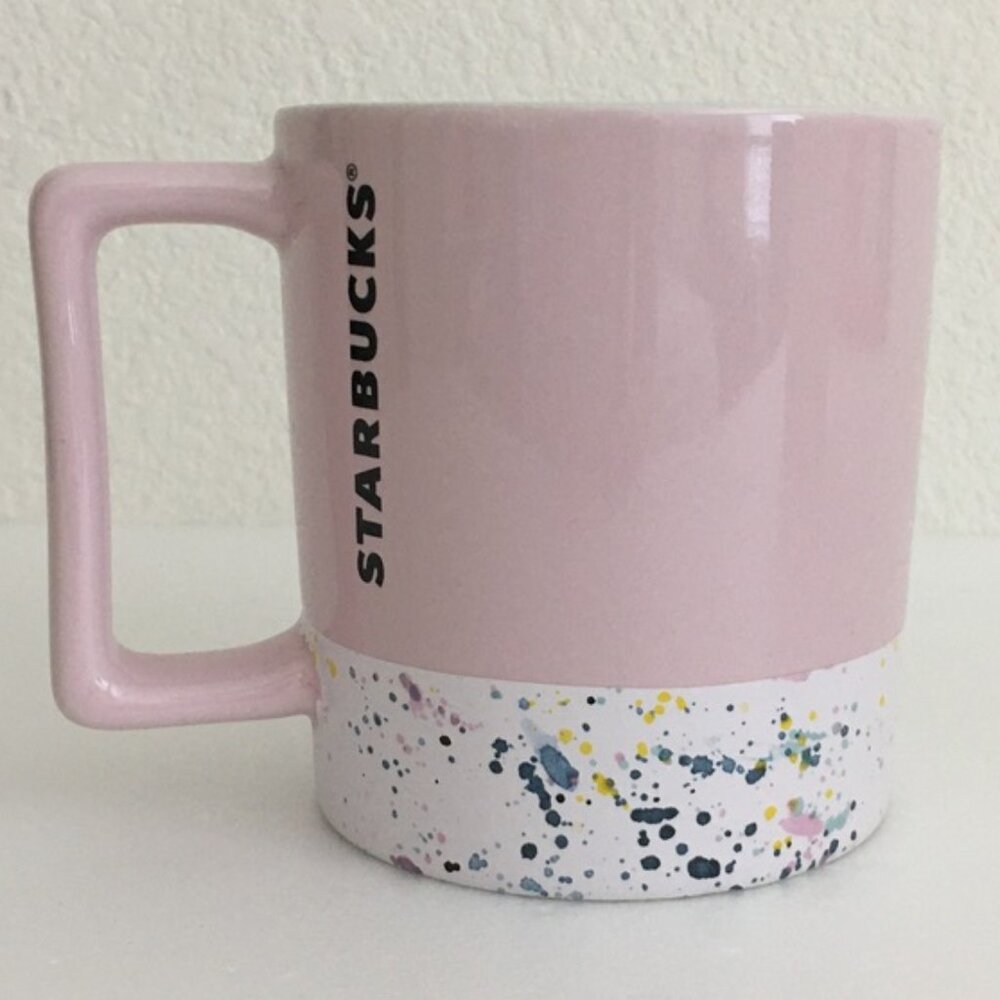 STARBUCKS Valentine's Pink White Paint Splatter Ceramic 12 oz Mug 2017